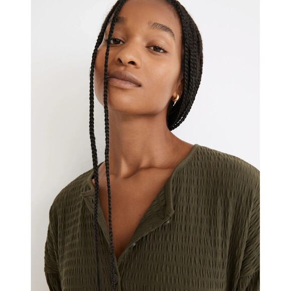 Madewell Mini Dress Medium Green Crinkle Knit Tiered Puff Sleeves Buttons NEW‎ - Picture 4 of 10